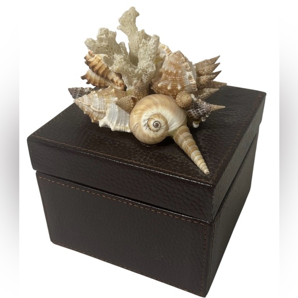 Vtg Brown Leather Box With Large Seashell Cluster Topper Coastal Decor - Picture 5 of 5
